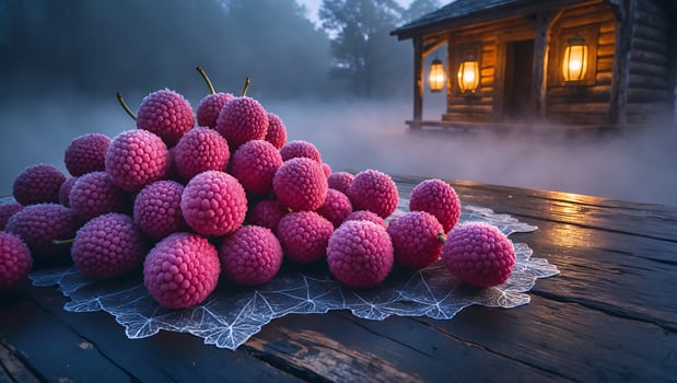 A vibrant display of lychee fruits on a lace doily, with a misty forest cabin illuminated in the background photo