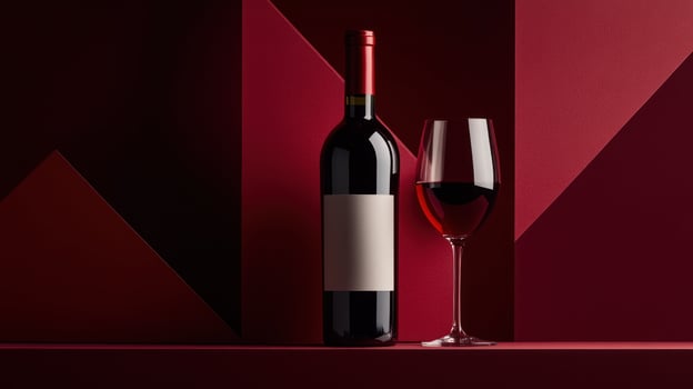 Red wine bottle and glass on a dark red surface with geometric shapes photo