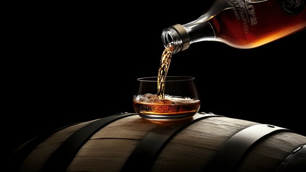 Pouring amber liquid into a glass over a wooden barrel photo