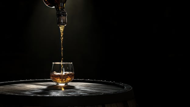 Cognac pouring into a glass on a wooden barrel photo