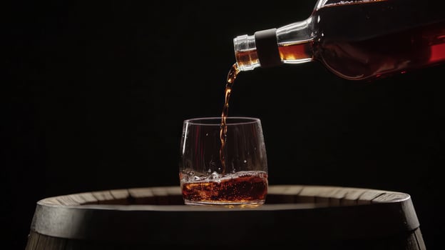 Amber liquid pours from a bottle into a glass on a wooden barrel photo