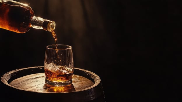 Amber liquid poured into glass on wooden barrel photo