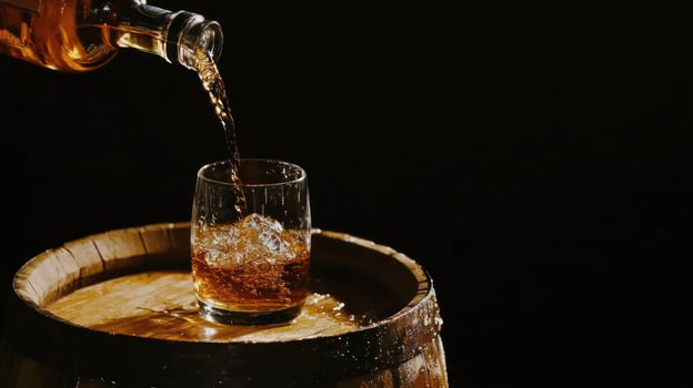 Amber liquid pours from bottle into a glass of ice, resting on a wooden barrel photo