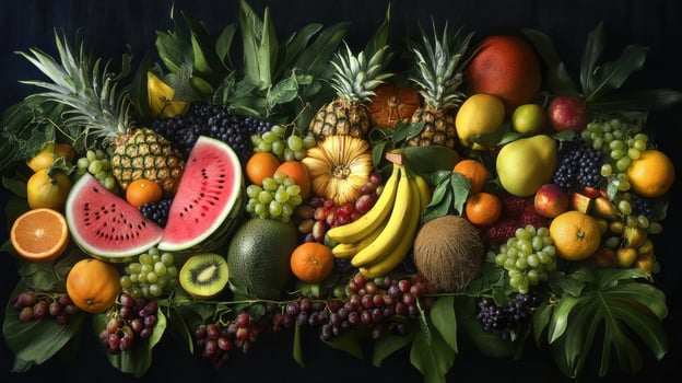 A vibrant array of colorful fruits and tropical foliage photo