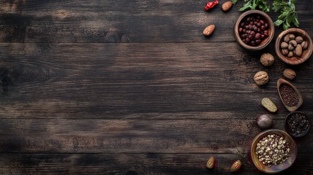 Dark wooden table with spices and nuts photo