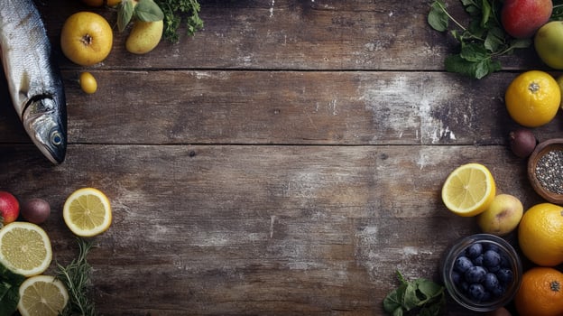 Fresh, vibrant produce and fish on a rustic wooden table photo