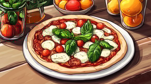 A vibrant pizza illustration on a wooden table photo