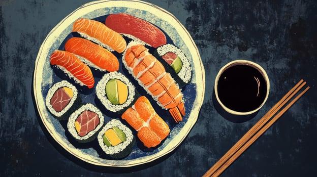 Plate of sushi with soy sauce and chopsticks photo