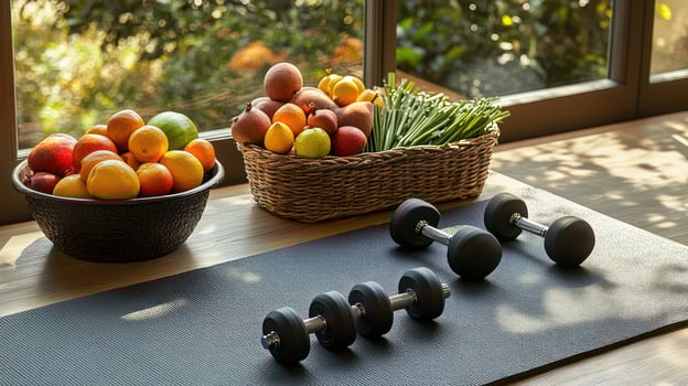 Healthy lifestyle with fruits and dumbbells photo