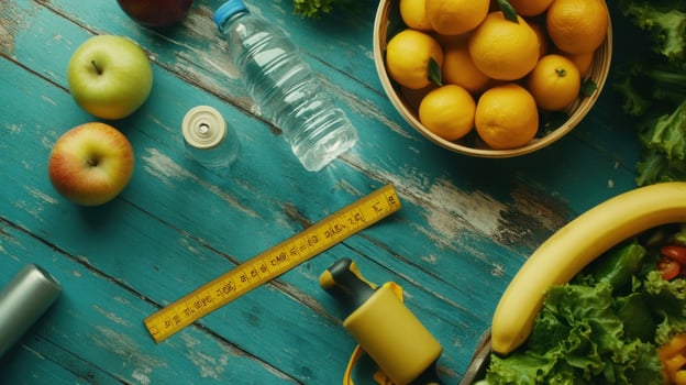 Fresh produce and fitness items on a rustic table photo