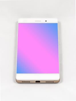 Modern smartphone with blank purple screen, isolated on white background photo