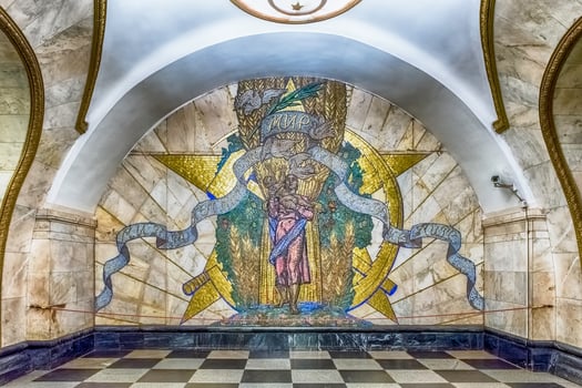 Mosaic art inside Novoslobodskaya subway station in Moscow, Russia photo