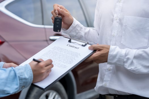 Sign contract for new and used Car. Sales, loan credit financial, rent vehicle, insurance, renting, Seller, dealer, installment, car care business. photo