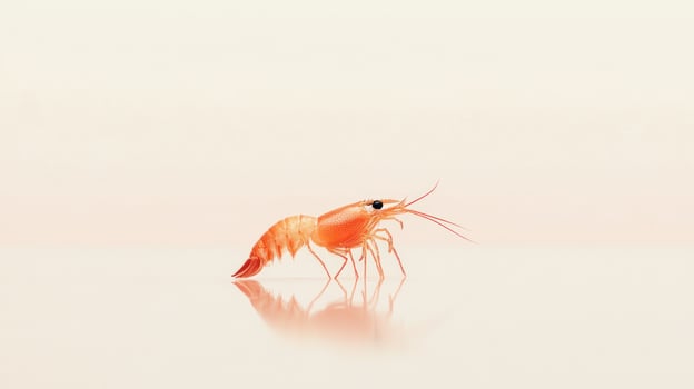 A vibrant orange shrimp, side profile, against a soft, light background photo