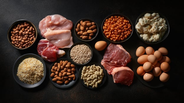 Diverse protein-rich foods arranged on a dark surface photo