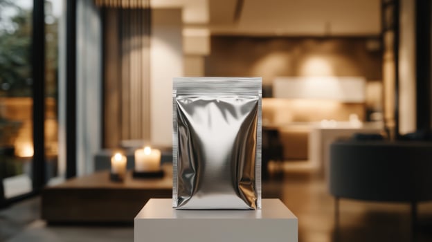 Silver foil pouch on a white pedestal in a modern home photo