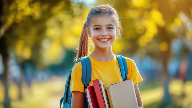 Young Student Smiles While Carrying Books and Backpack in Sunny Park During Afternoon photo
