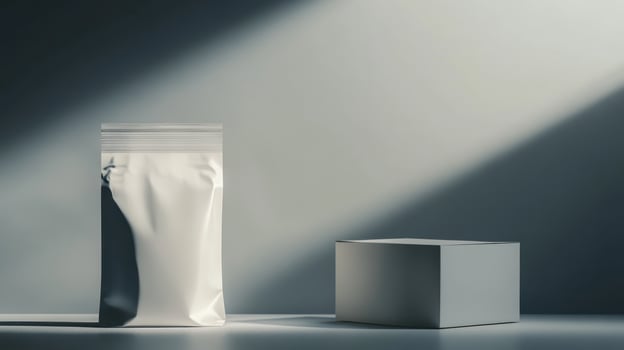 Minimalist product display with a pouch and box photo