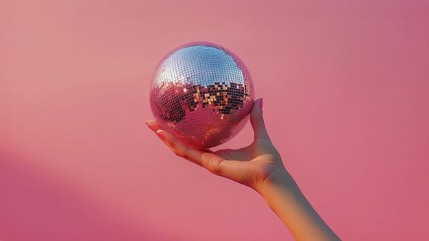 Hand Holding a Shiny Disco Ball Against a Vibrant Pink Background During a Bright Day photo