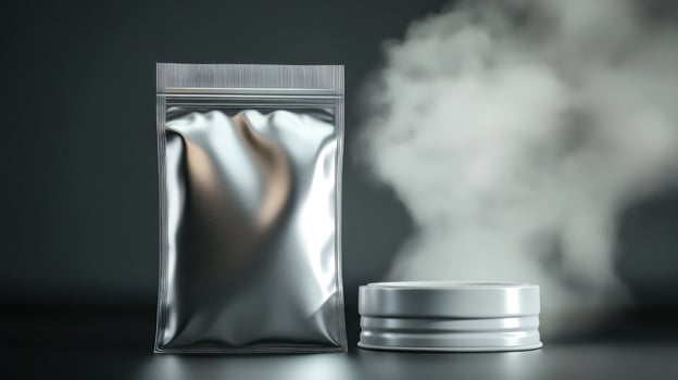 Silver foil packet and white lid on dark background with smoke photo