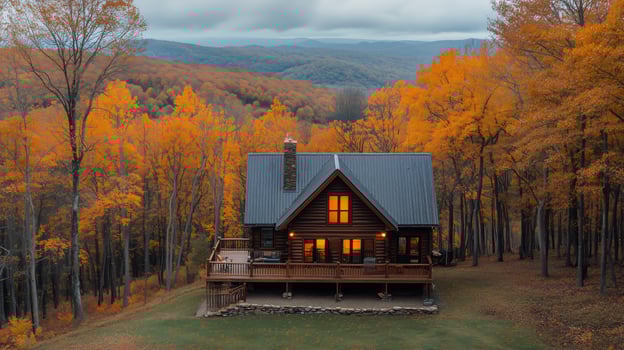 Beautiful Log Cabin Surrounded by Vibrant Autumn Foliage in a Tranquil Mountain Setting photo
