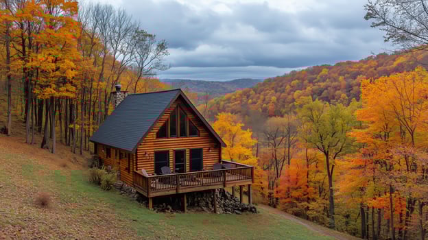 Cozy Cabin Surrounded by Vibrant Fall Foliage in a Tranquil Valley Setting photo