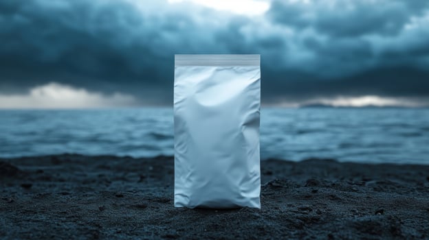 White pouch on beach, stormy sky photo