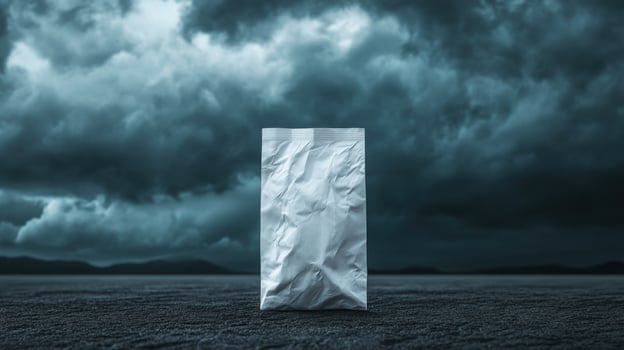 Wrinkled white paper bag against a dramatic stormy sky photo