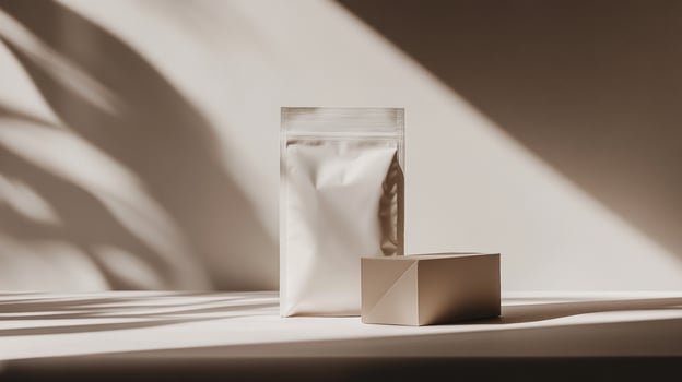 Beige product packaging, shadows, light photo