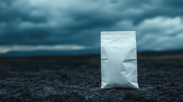 Blank white paper bag on dark ground, dramatic sky photo