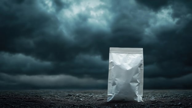 Empty white plastic bag against dark stormy sky photo