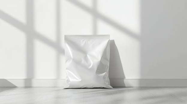 Blank food packaging bag against a white wall photo