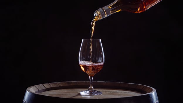 Amber liquid poured into a wine glass on a wooden barrel photo