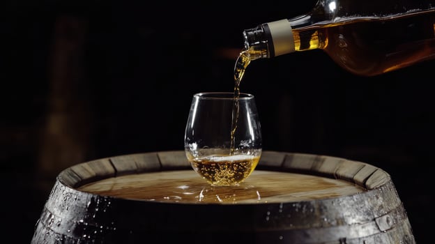 Amber liquid poured into a glass on a wooden barrel photo