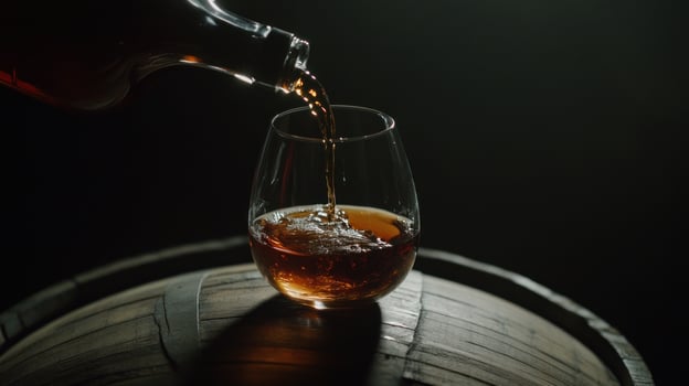 Pouring amber liquid into glass on a barrel photo