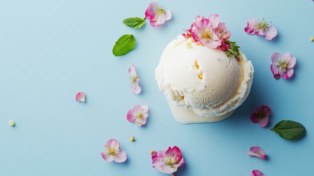Creamy ice cream with spring blossoms photo