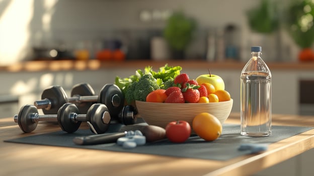 Healthy lifestyle items on a kitchen table photo