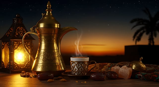 Steaming arab coffee cup with dates on a table. Traditional ramadan iftar and eid al-fitr celebration with oriental lamp photo
