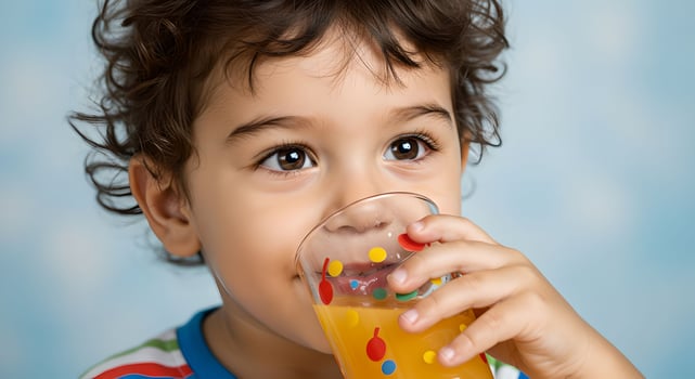 little boy drinking orange juice photo