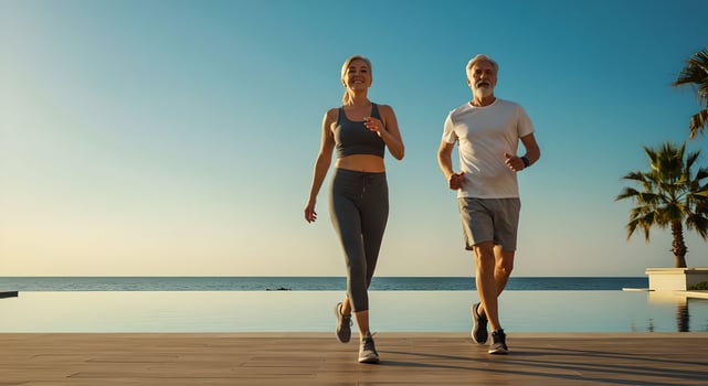 Woman and man workout traning together with an infinity pool and ocean background at sunrise for an active lifestyle concept photo