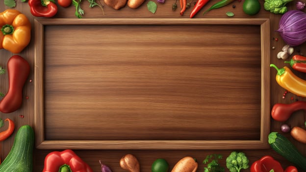 Wooden frame surrounded by colorful vegetables photo