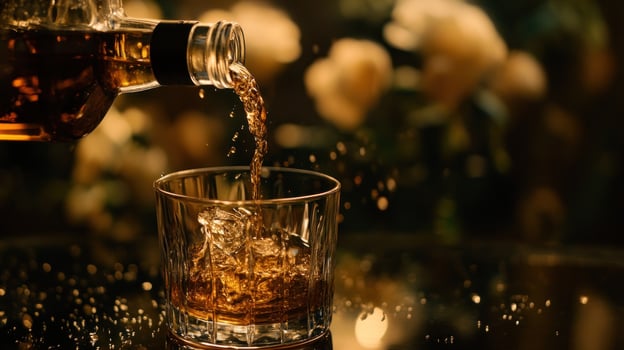 Amber liquor being poured into a glass with ice photo