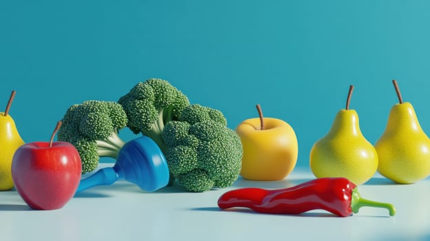 Colorful fruits and vegetables on a light blue surface photo