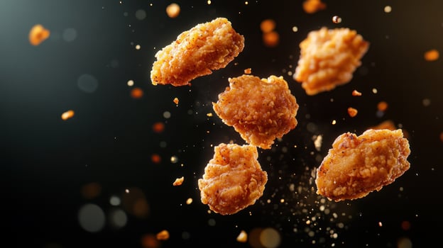 Crispy fried chicken pieces in mid-air photo