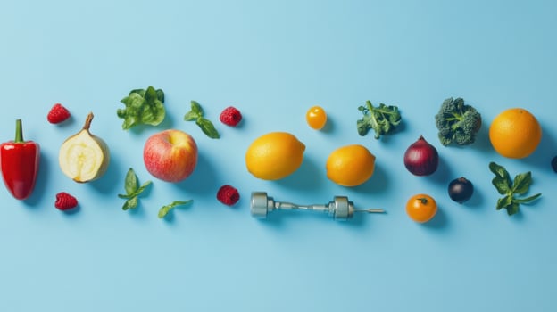Colorful fruit and vegetable arrangement on a light blue background, featuring a dumbbell photo