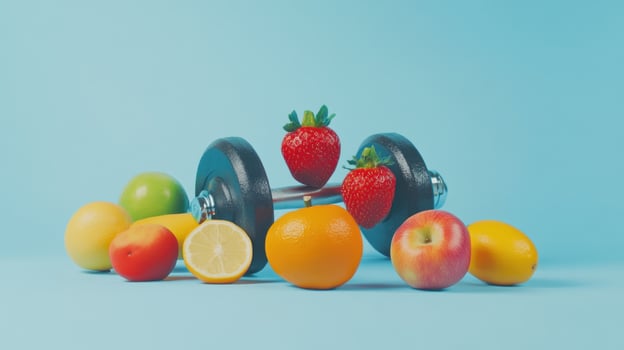 Vibrant fruits and a dumbbell on a light blue backdrop photo