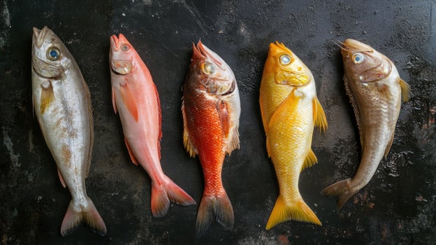 Fresh fish variety on dark surface photo