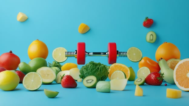 Colorful fruits and vegetables surrounding a red dumbbell photo
