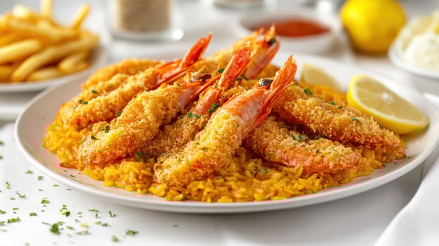 Crispy battered shrimp over rice with fries photo