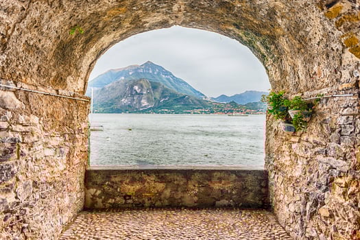 Rock balcony facing Lake Como in Varenna, Italy photo